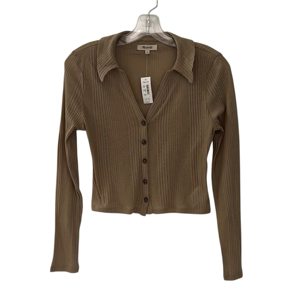 Madewell Tan Khaki Button Up V-Neck Polo Shirt Size Medium NWT